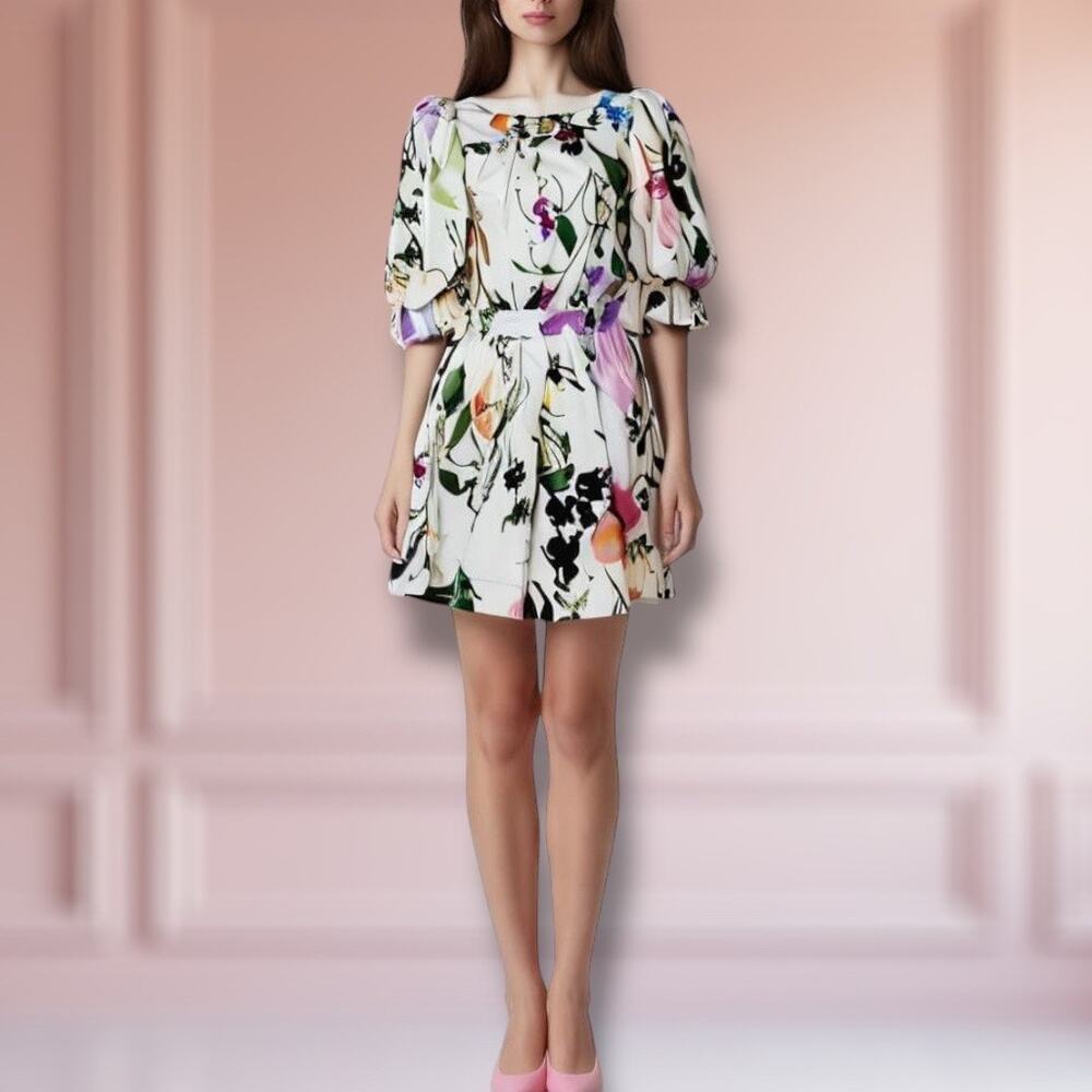 Aje Drift Puff Sleeve Cotton Mini Dress 6 AU 10 White Watercolor Garden Floral